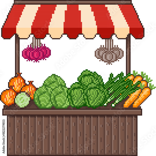 set of vegetables, carrot, cauliflower, garlic, green onion, shallots  stall pixel illustration design