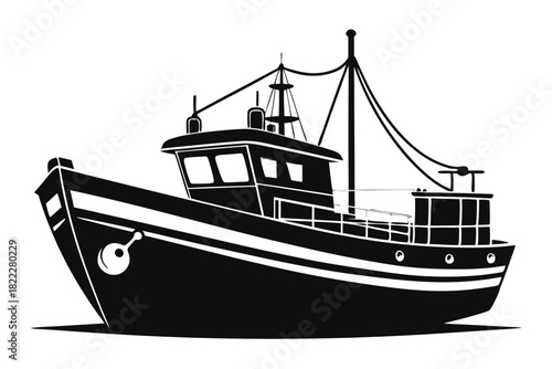 Monochrome fishing vessel silhouette displays a prominent mast, windows, and robust hull structure