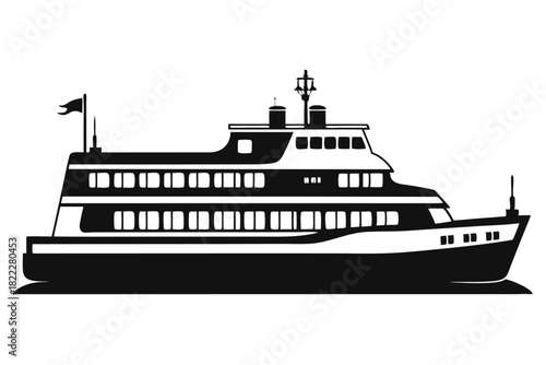 Monochrome illustration shows passenger ferry sailing smoothly on the water, without transparent background