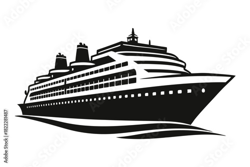 Monochrome stylized cruise ship creates waves as it sails in the water