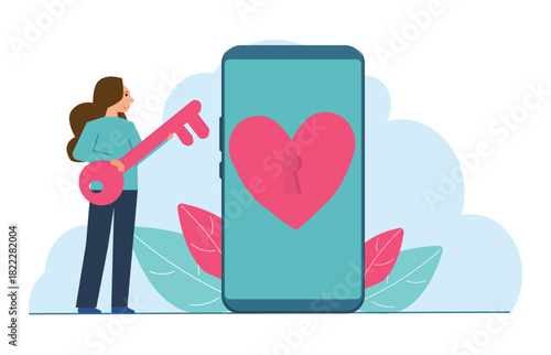 Dating apps, online dating using internet and social media to find romantic relationship concept, young adult holding lovely key near smart phone app with heart shape and keyhole