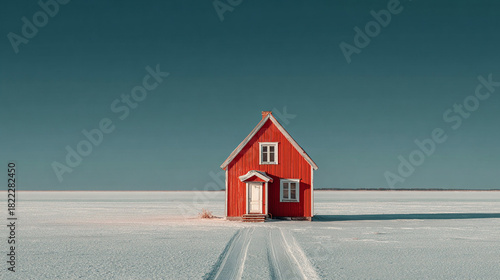 Vibrant red house stands alone in a vast, snow covered landscape under a clear sky