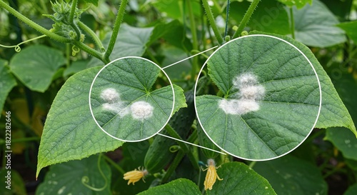 Powdery mildew on a cucumber leaf plant disease fungal fungus garden gardening agriculture horticulture crop illness infection pathogen