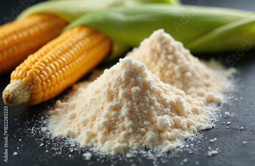 Close up photo shows corn starch piles. Fresh corncobs with green leaves next to flour. Natural food ingredient on dark background in studio shot.