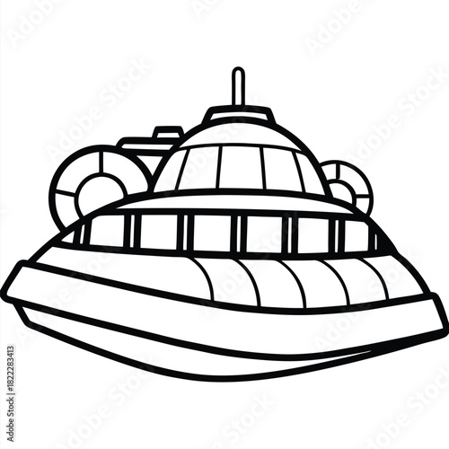 Outlined ferry boat features life preservers and windows, creating a nautical transportation icon