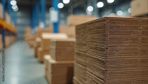 Stacked flat cardboard sheets show corrugated texture. Boxes arranged neatly in warehouse aisle. Material for packaging or construction. Supply chain storage.