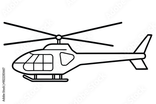 Outlined helicopter showcases rotor blades and tail assembly in black and white sketch