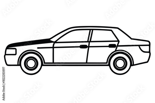 Outlined sedan automobile displays black details and a minimalist design against a white backdrop
