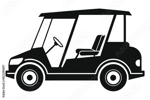 Side view showcases black golf cart featuring steering wheel and single seat