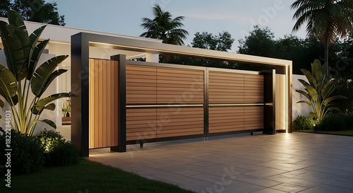 Modern automatic wooden gate with intricate laser cut pattern and integrated lighting set against a stucco wall and lush tropical foliage at dusk