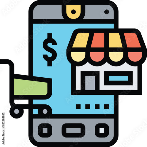 Mobile E-commerce Storefront Application Icon, Digital Marketplace and Mobile Commerce Concept