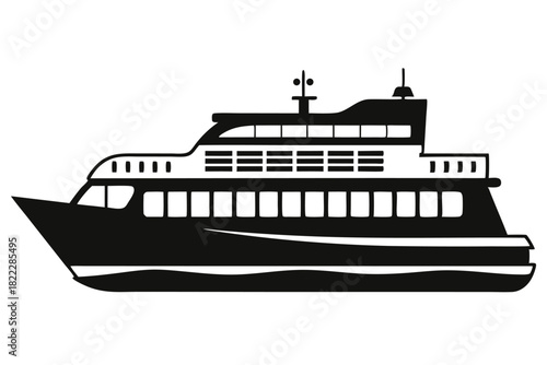 Silhouette of a modern boat showing windows and decks creates a simple nautical vessel image