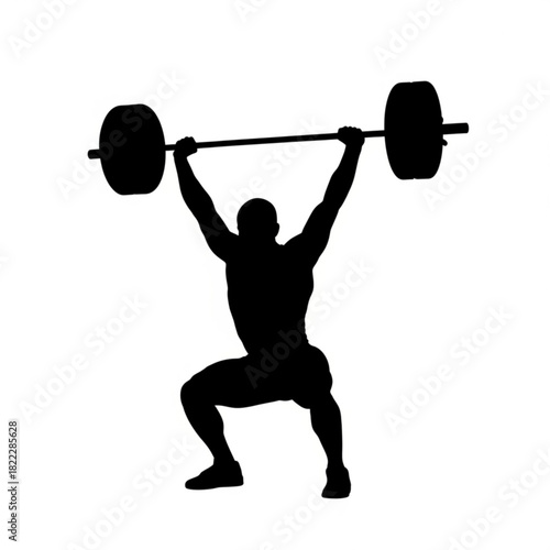 Silhouette of a man lifting a barbell overhead in a squat position during a weightlifting exercise