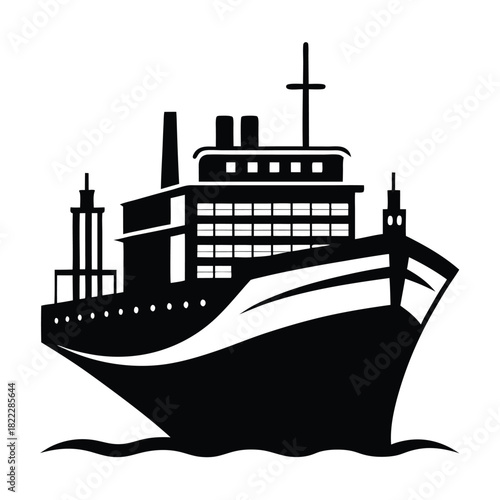 Silhouette of a large cargo ship floats peacefully on a calm ocean vector