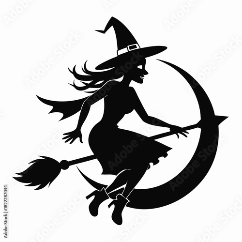 Silhouette witch flies on broomstick before moon while wearing hat and dress