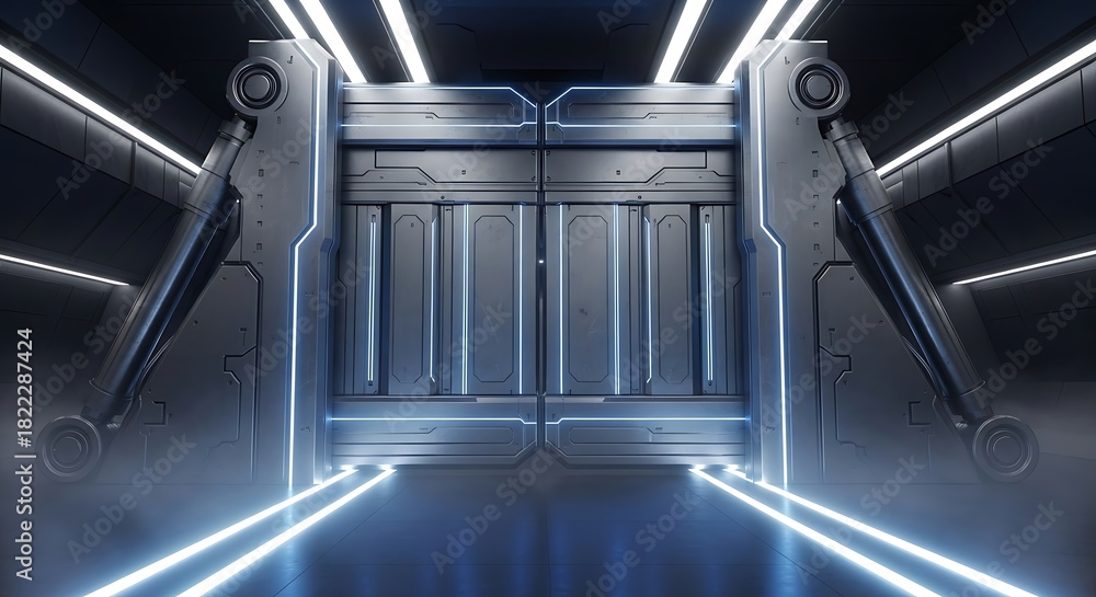 Obraz premium Futuristic metallic doorway with glowing blue neon lights and atmospheric fog creating a science fiction portal or entrance to another dimension
