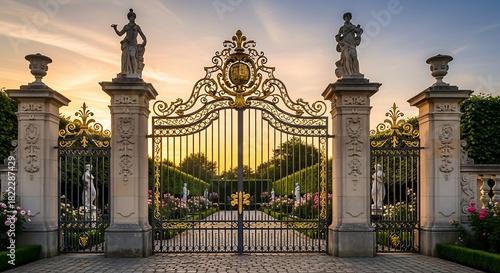 Magnificent ornate wrought iron gate with stone pillars and statues at sunset leading to a lush garden estate evoking grandeur and luxury