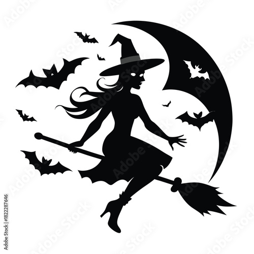 Silhouetted witch flies on broomstick with crescent moon and bats in night sky