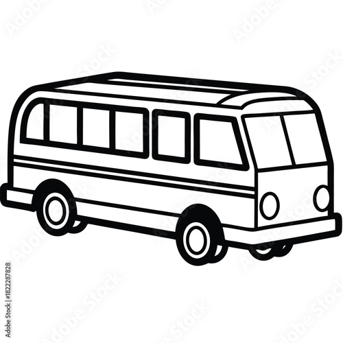 Simple black and white bus showcases four wheels and multiple windows