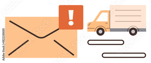 Orange envelope with exclamation icon and delivery truck symbolizes urgent communication, logistics, and shipping. Ideal for mail service, priority delivery, logistics, notifications, deadlines