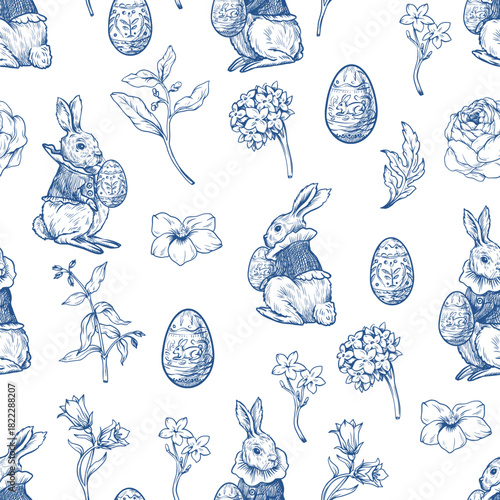 Easter rabbit seamless vector pattern with eggs flowers vintage toile style holiday design