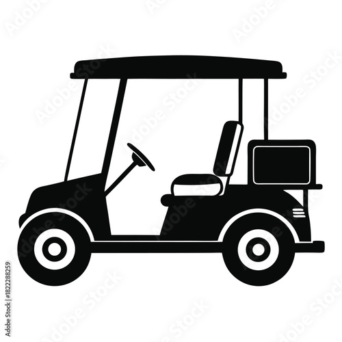 Simple black and white golf cart silhouette showcases a minimal vehicle profile