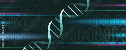 Abstract technology and science hexagon background, DNA strands, connected neural web