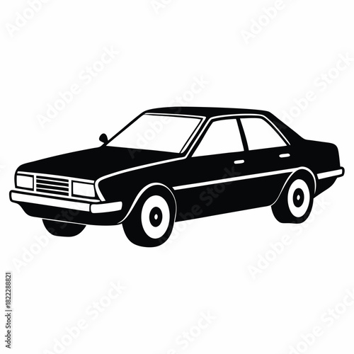 Simple black retro sedan car showcases a classic silhouette against the blank backdrop