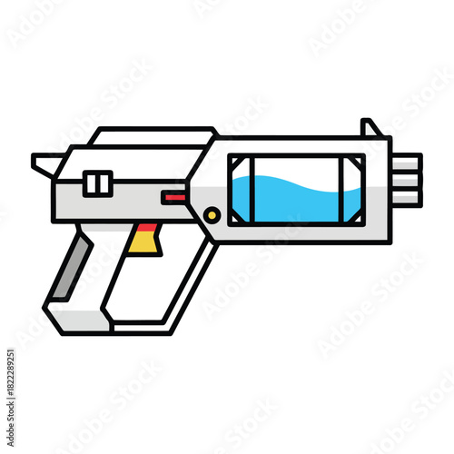 A futuristic water gun with a transparent water reservoir