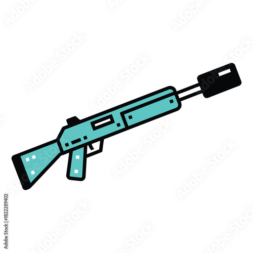 Modern stylized teal and black rifle with a suppressor