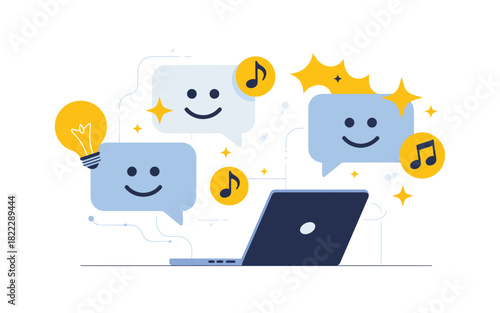 Laptop with speech bubbles containing smileys music notes and lightbulb on a white background flat design