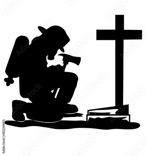 Firefighter Kneeling in front of the cross