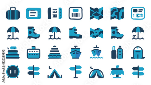 Travel and Tourism Icon Set Blue Duotone Adventure and Vacation Symbols