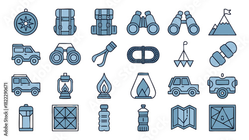 Camping and Outdoor Adventure Icon Set with Hiking Gear, Nature Exploration and Travel Equipment Flat Vector Illustration