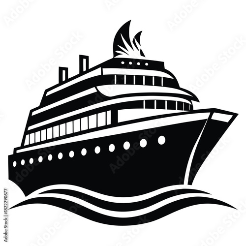 Sleek black cruise ship sails calmly across simulated ocean waves in striking monochrome