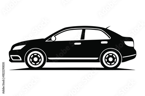 Sleek black sedan shows elegant car styling and simple vehicle silhouette, providing a clean side view