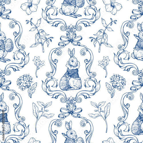 Easter rabbit seamless vector pattern with eggs flowers vintage toile style holiday design