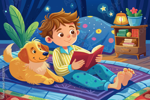 A young boy in soft blue pajamas reading a book on a cozy blanket with a golden retriever by his side, a sweet childhood moment, a quiet home scene and a warm atmosphere of family togetherness.