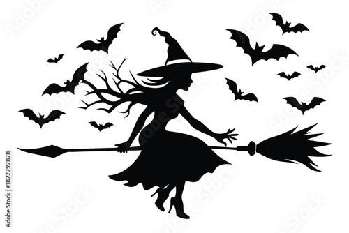 Stylish witch flies on her broomstick silhouette, surrounded by bats, making a stunning Halloween silhouette