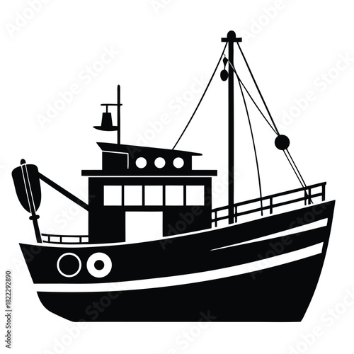 Stylized black and white fishing boat shows a detailed ship with rigging