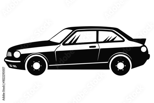 The black and white automotive coupe showcases a classic spoiler in simple art