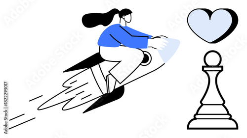 Woman on rocket moves swiftly, adjacent to a heart and chess pawn. Ideal for ambition, love, strategy, innovation, personal growth, leadership and creativity. A simple flat metaphor