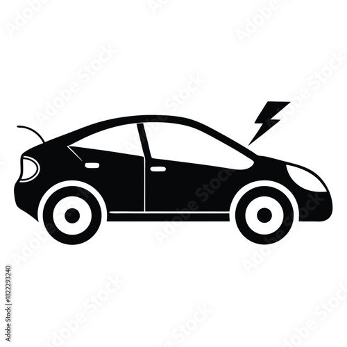The black silhouette car with open hood has an electric symbol above the hood