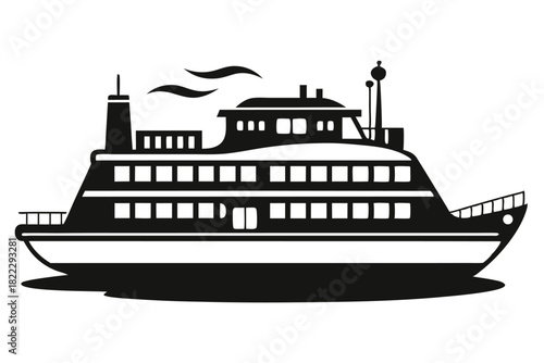 The black silhouette of a classic ferry ship sails across calm waters smoothly now