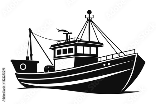 The detailed black and white silhouette reveals a vintage fishing boat at sea