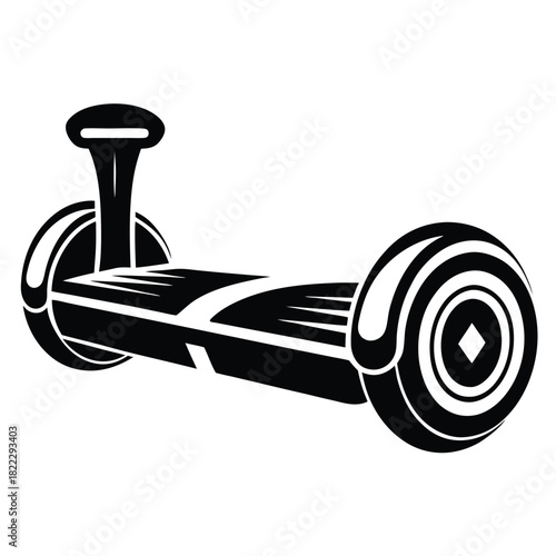 The selfbalancing scooter is depicted in a simplified monochrome with bold geometric styling