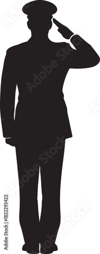 Silhouette of a proud military officer or service member saluting with dignity and respect, honoring national heroes and veterans. monochrome