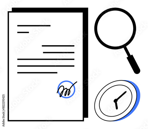 Document signed with a focused magnifying glass and clock symbolizing verification, deadlines, and organization. Ideal for legal work, time management, compliance, contracts, documentation, analysis
