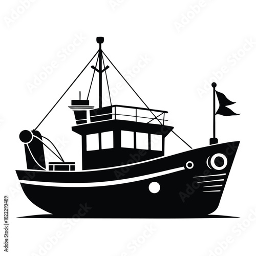 The silhouette shows a black vintage fishing vessel with nautical equipment and a flag