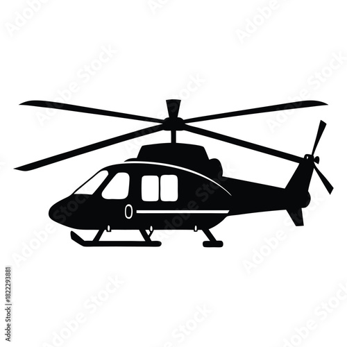 The striking silhouette shows the helicopter side view, its rotating blades dominating the stark backdrop